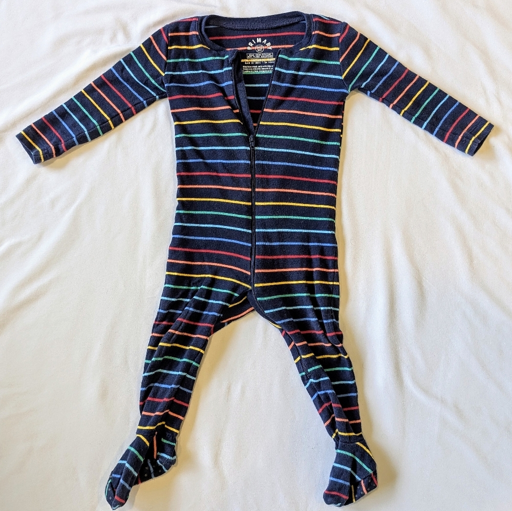 Primary baby footie black & navy rainbow stripe 9-12 month